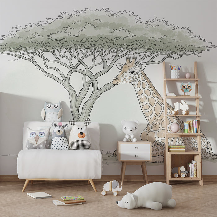 Kinderzimmer Tapete | Friedliche Giraffe unter einem Baum in einer beruhigenden Umgebung