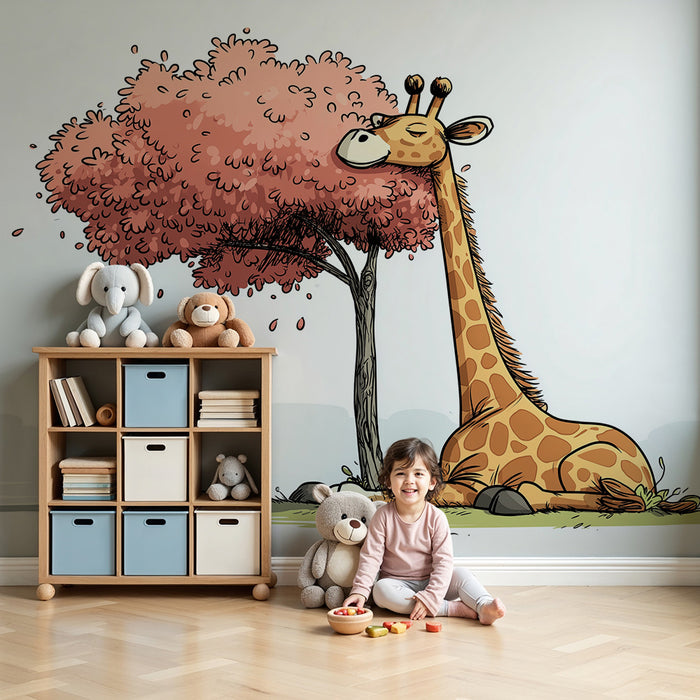 Kinderzimmer Tapete | Friedliche Giraffe unter einem rosa Baum