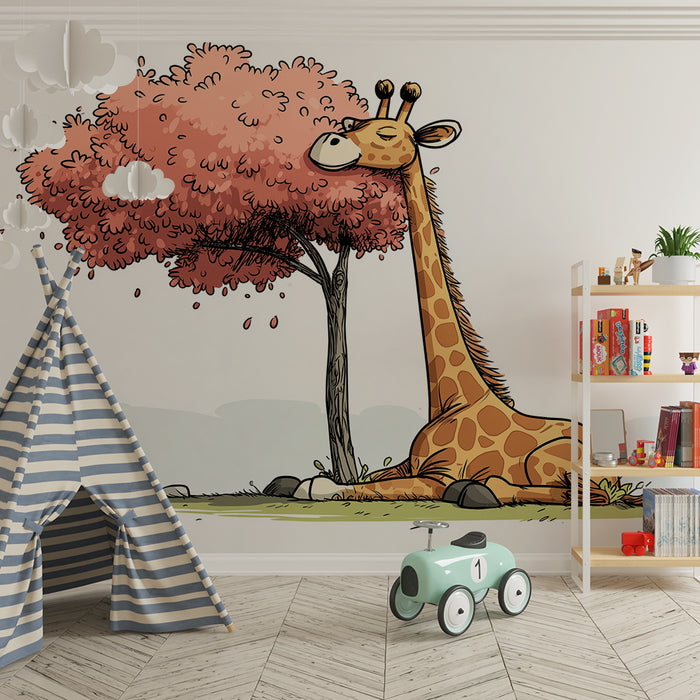 Kinderzimmer Tapete | Friedliche Giraffe unter einem rosa Baum