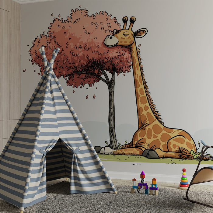 Kinderzimmer Tapete | Friedliche Giraffe unter einem rosa Baum
