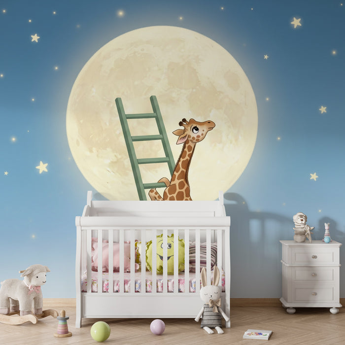 Papier peint chambre enfant | Girafe rêveuse et lune brillante