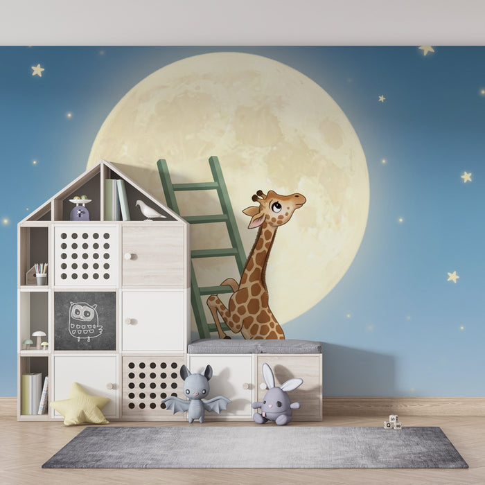 Papier peint chambre enfant | Girafe rêveuse et lune brillante