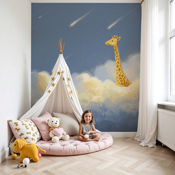 Barntapet | Drömmande giraff bland stjärniga moln