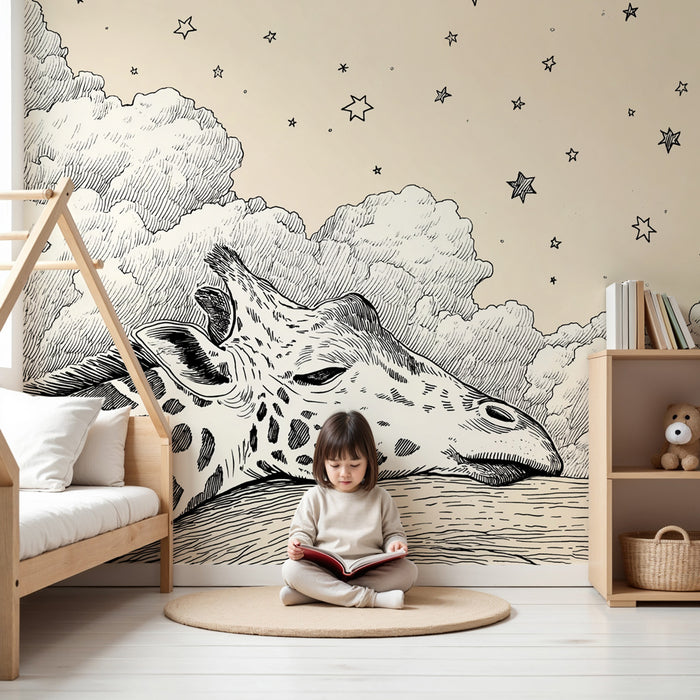 Lastenhuoneen tapetti | Unelmoiva kirahvi tähtitaivaan alla