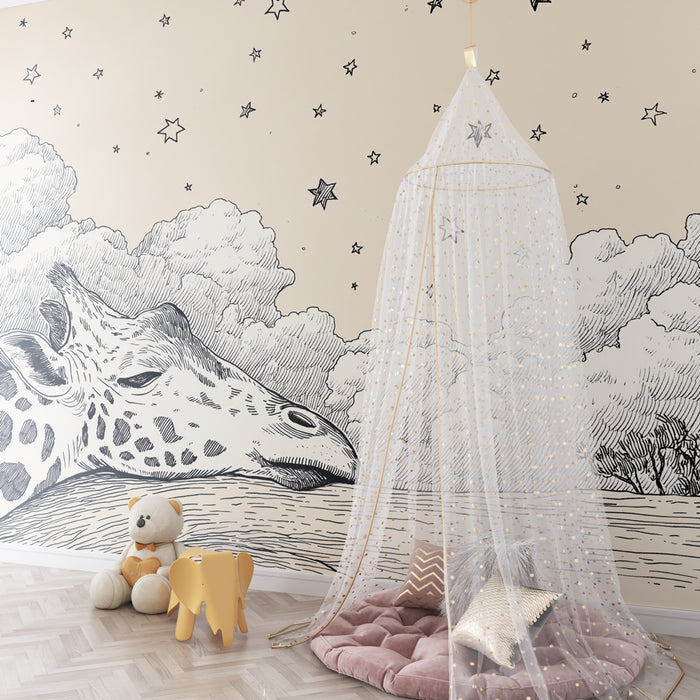 Lastenhuoneen tapetti | Unelmoiva kirahvi tähtitaivaan alla