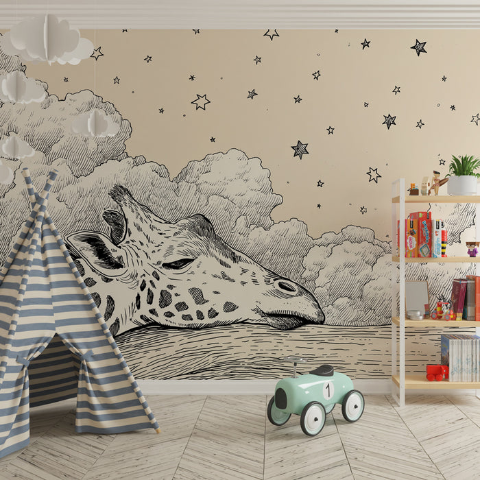 Lastenhuoneen tapetti | Unelmoiva kirahvi tähtitaivaan alla