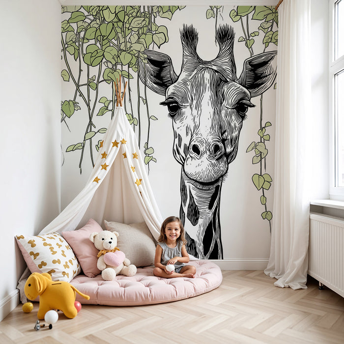 Kids room wallpaper | Smiling giraffe surrounded by delicate foliage