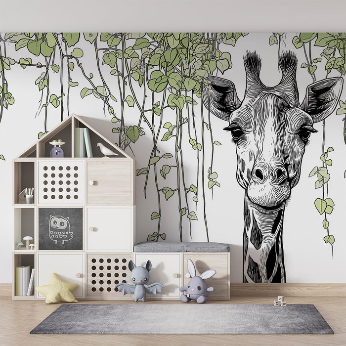 Kids room wallpaper | Smiling giraffe surrounded by delicate foliage