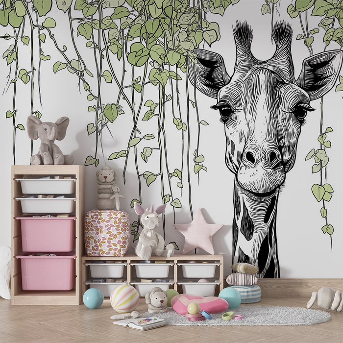 Kids room wallpaper | Smiling giraffe surrounded by delicate foliage
