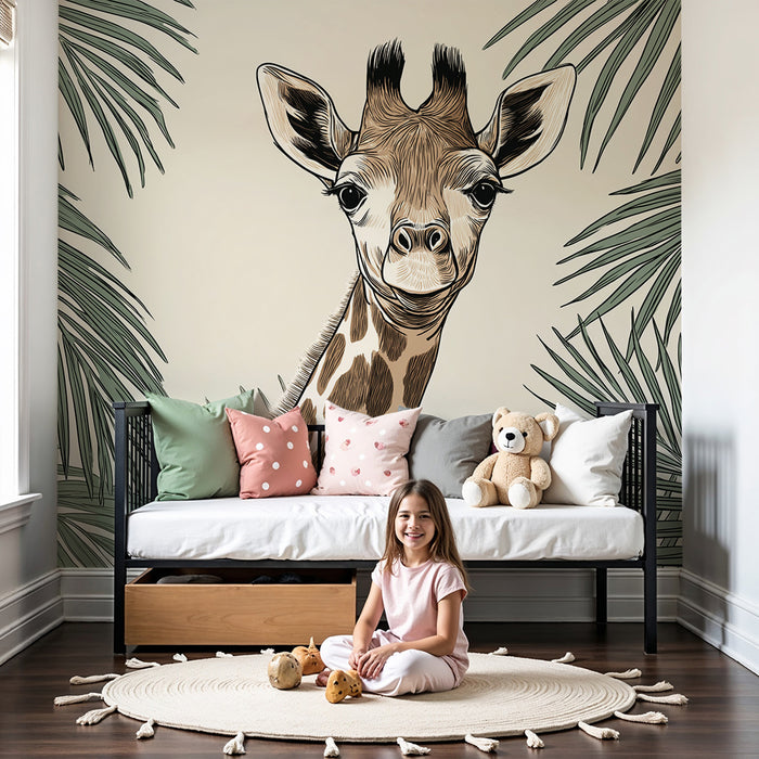 Kinderkamer behang | Lachende giraffe omringd door tropisch bladgroen