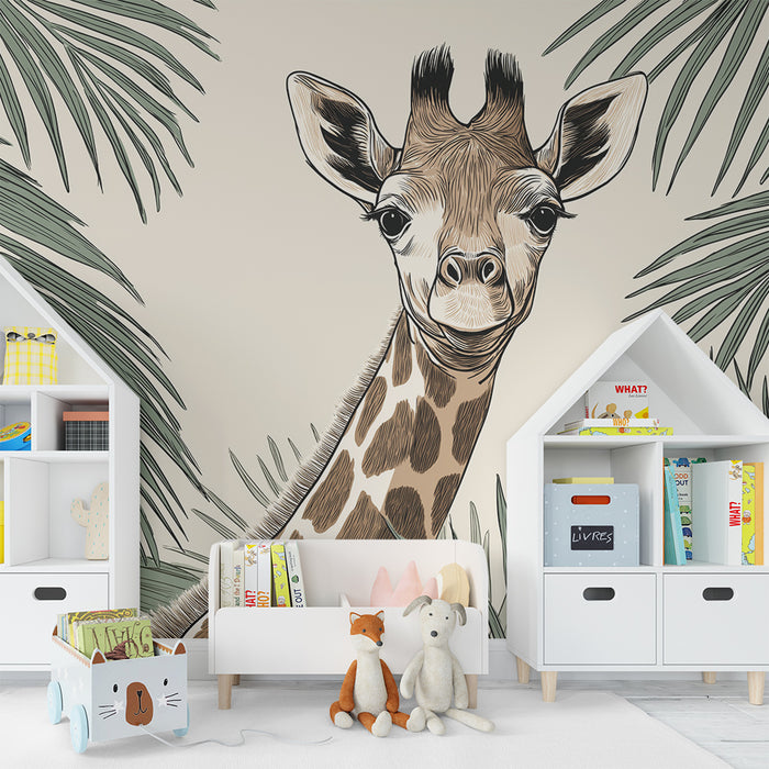 Kinderkamer behang | Lachende giraffe omringd door tropisch bladgroen