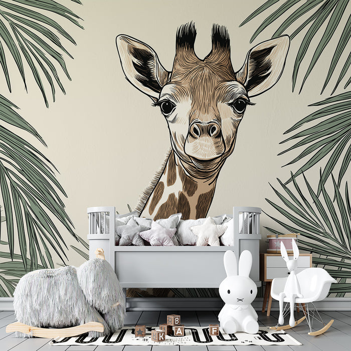 Kinderkamer behang | Lachende giraffe omringd door tropisch bladgroen