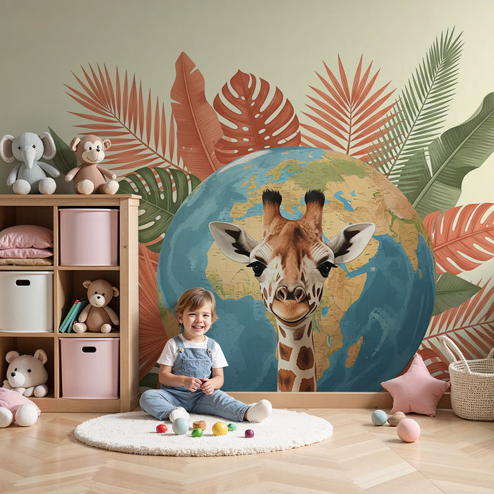 Papier peint chambre enfant | Girafe souriante entourée de feuillage tropical et globe terrestre