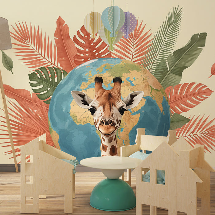 Papier peint chambre enfant | Girafe souriante entourée de feuillage tropical et globe terrestre