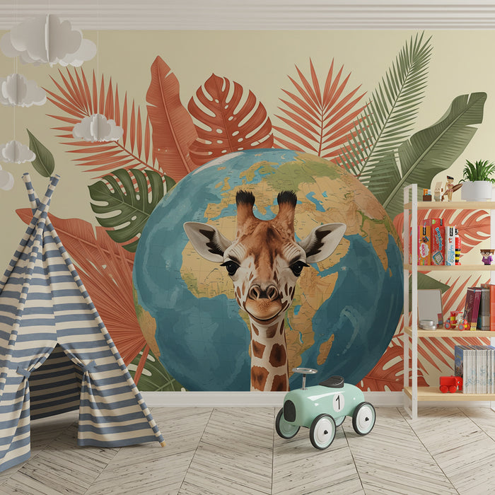 Papier peint chambre enfant | Girafe souriante entourée de feuillage tropical et globe terrestre