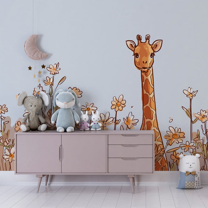 Papel de parede criança | Girafa sorridente entre as flores