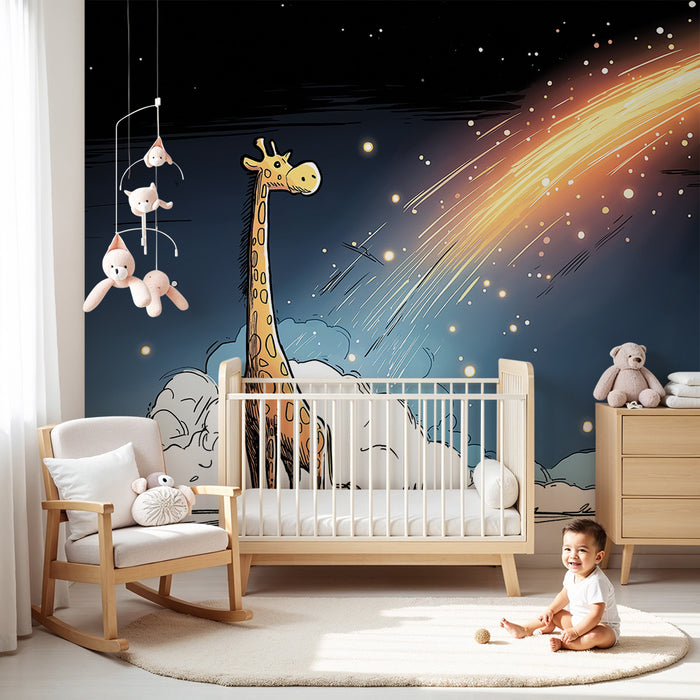 Kids room wallpaper | Giraffe under a starry sky with a bright comet
