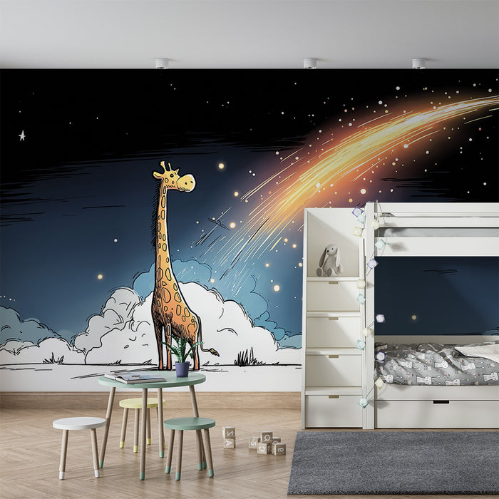 Kids room wallpaper | Giraffe under a starry sky with a bright comet