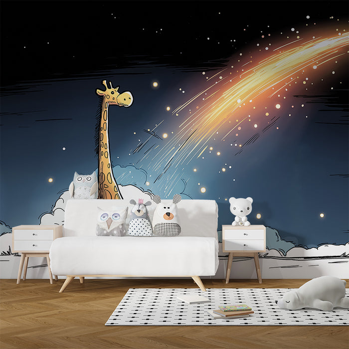 Kids room wallpaper | Giraffe under a starry sky with a bright comet