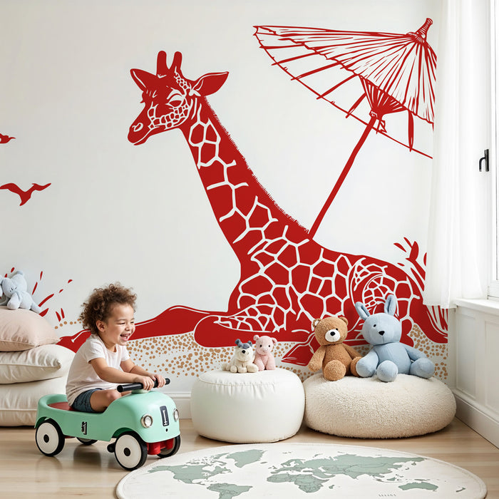 Papel de parede criança | Girafa debaixo de um guarda-sol