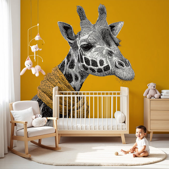 Carta da parati bambini | Giraffa stilizzata con sciarpa su sfondo giallo