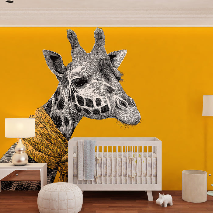 Carta da parati bambini | Giraffa stilizzata con sciarpa su sfondo giallo