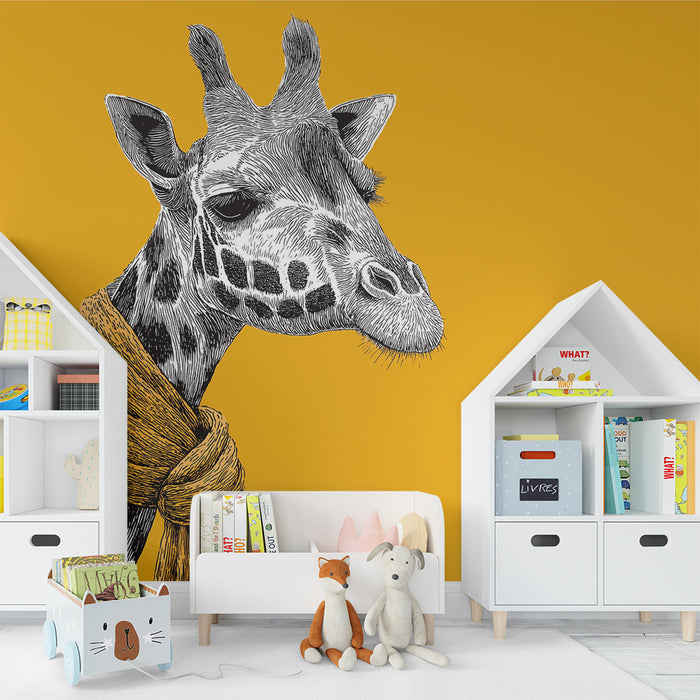 Carta da parati bambini | Giraffa stilizzata con sciarpa su sfondo giallo