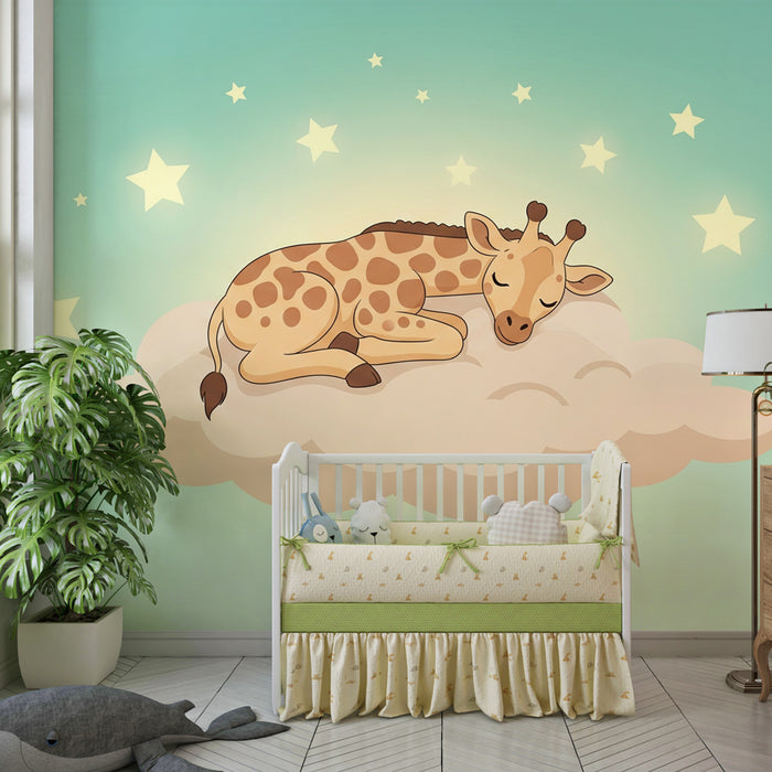 Papier peint chambre enfant | Girafe tendrement endormie sur un nuage