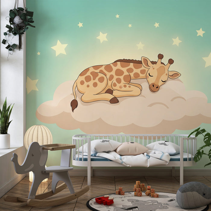 Papier peint chambre enfant | Girafe tendrement endormie sur un nuage