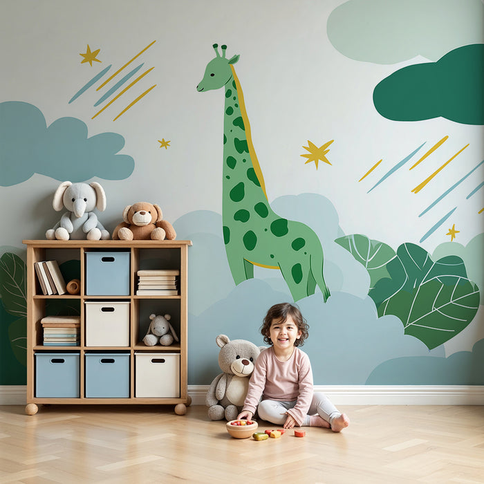 Papel de parede criança | Girafa verde no meio das nuvens e estrelas