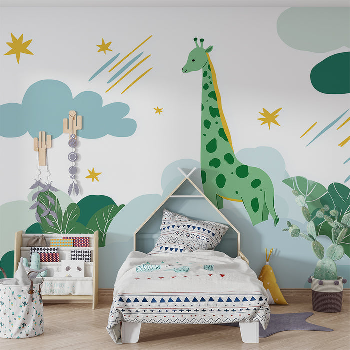 Papel de parede criança | Girafa verde no meio das nuvens e estrelas