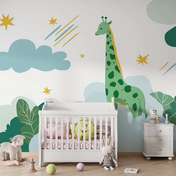 Papel de parede criança | Girafa verde no meio das nuvens e estrelas