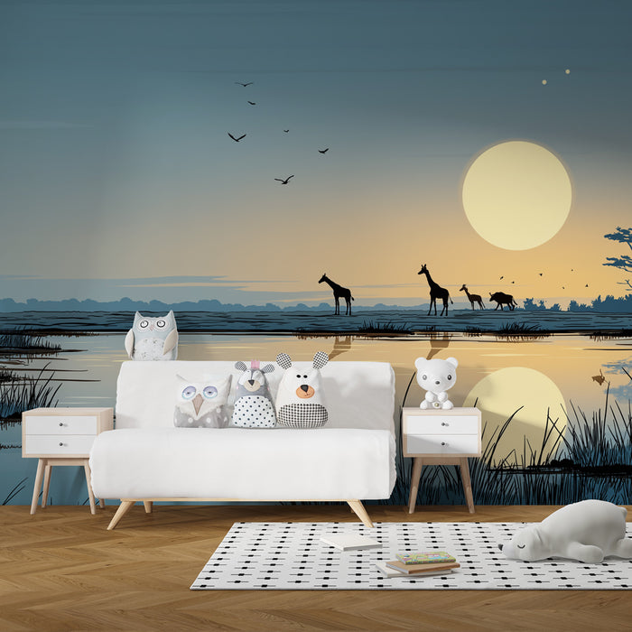 Kinderkamer behang | Giraffen bij zonsondergang op de savanne