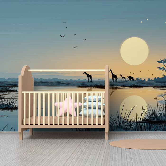 Kinderkamer behang | Giraffen bij zonsondergang op de savanne