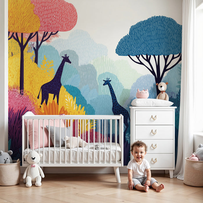 Papier peint chambre enfant | Girafes au milieu d'une jungle colorée