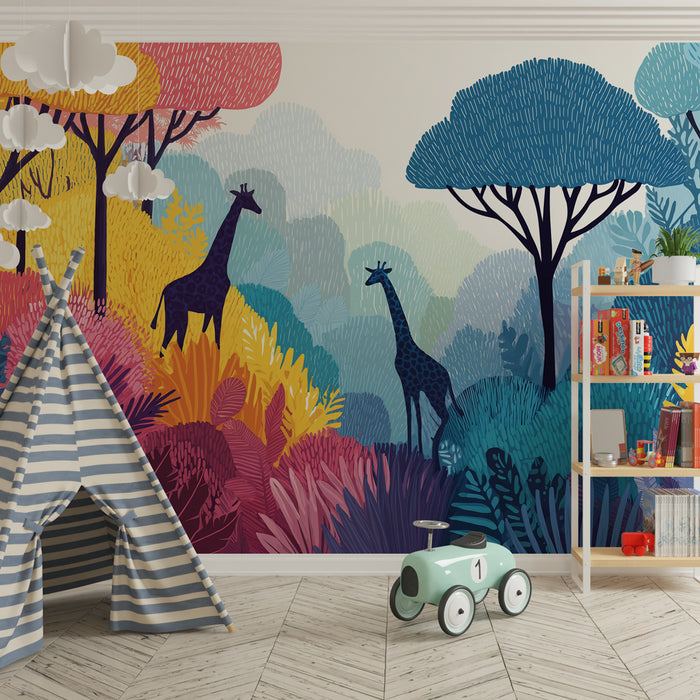 Papier peint chambre enfant | Girafes au milieu d'une jungle colorée