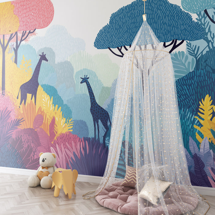 Papier peint chambre enfant | Girafes au milieu d'une jungle colorée