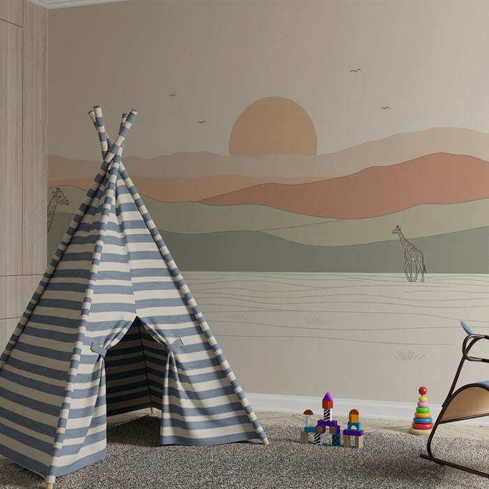 Børneværelse tapet | Elegante giraffer under en pastelfarvet solnedgang