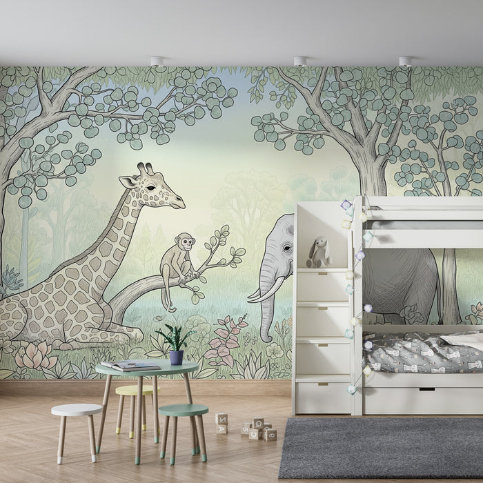 Papier peint chambre enfant | Girafes, éléphants et singes dans la jungle
