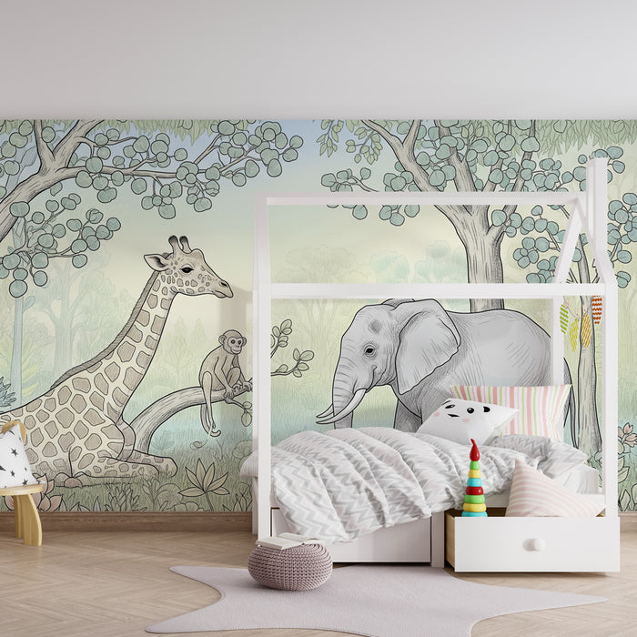Papier peint chambre enfant | Girafes, éléphants et singes dans la jungle