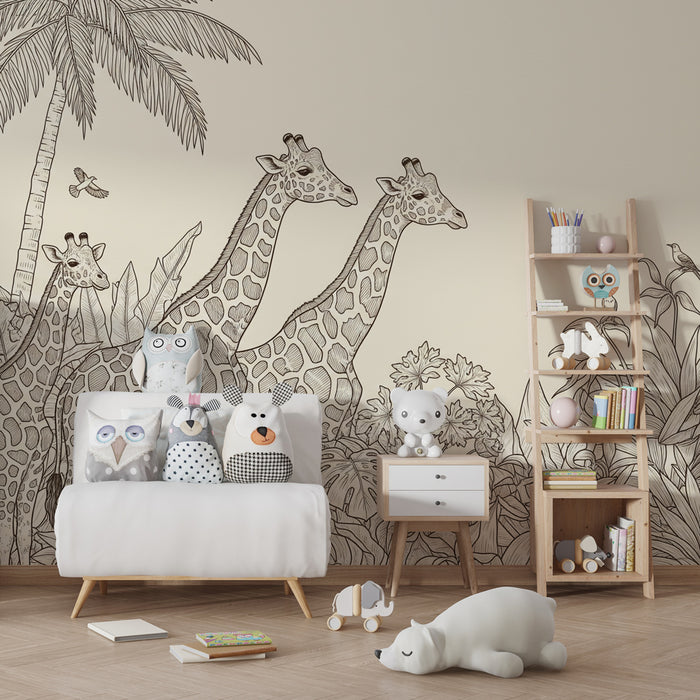 Carta da parati bambini | Giraffe circondate dalla giungla esotica