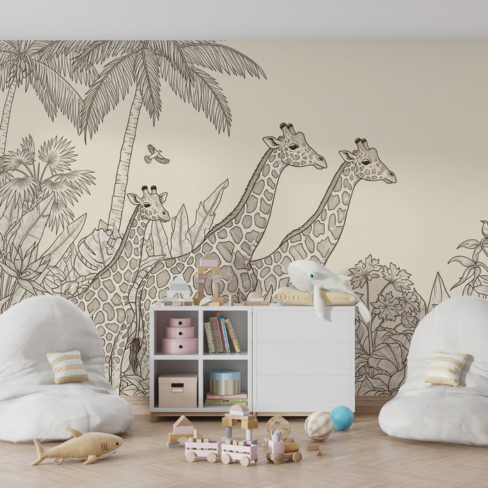 Carta da parati bambini | Giraffe circondate dalla giungla esotica
