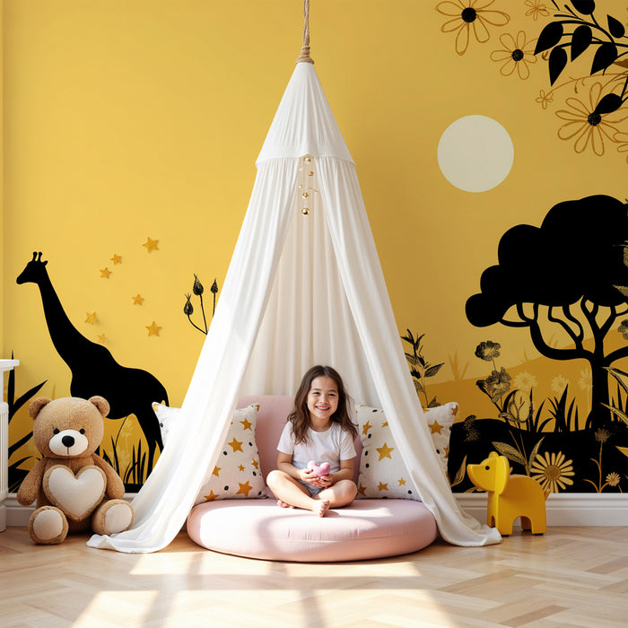 Kinderzimmer Tapete | Giraffen und Hirsche in der sonnigen Natur