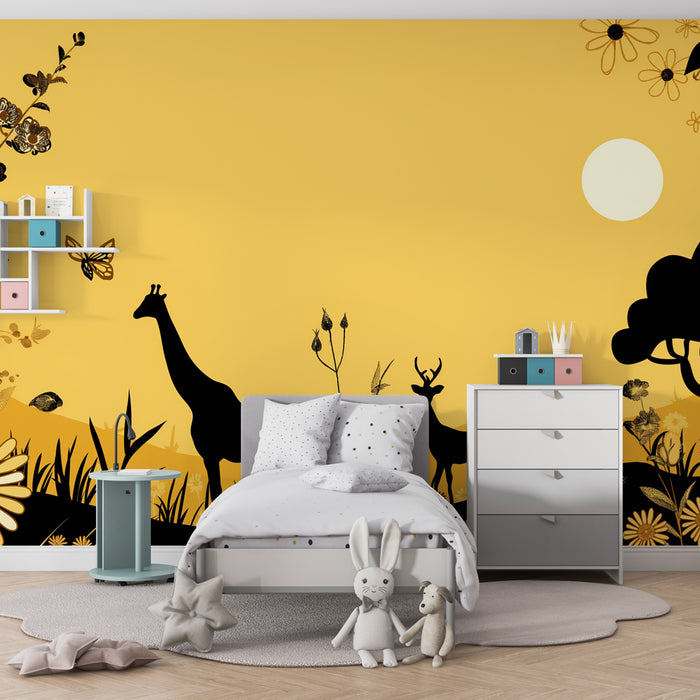 Kinderzimmer Tapete | Giraffen und Hirsche in der sonnigen Natur