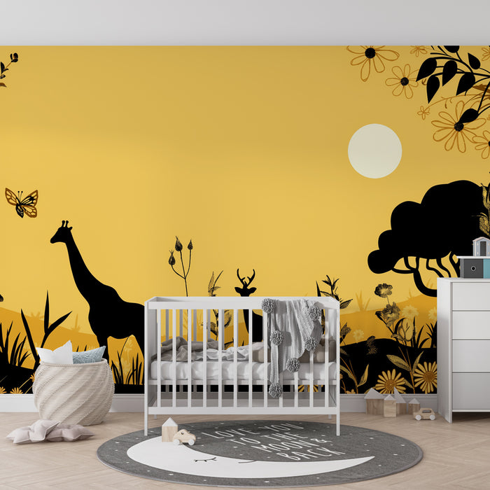 Kinderzimmer Tapete | Giraffen und Hirsche in der sonnigen Natur