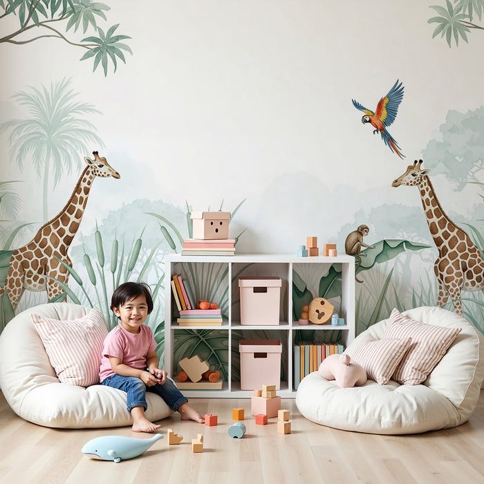 Carta da parati bambini | Giraffe e giungla tropicale con scimmia e pappagallo