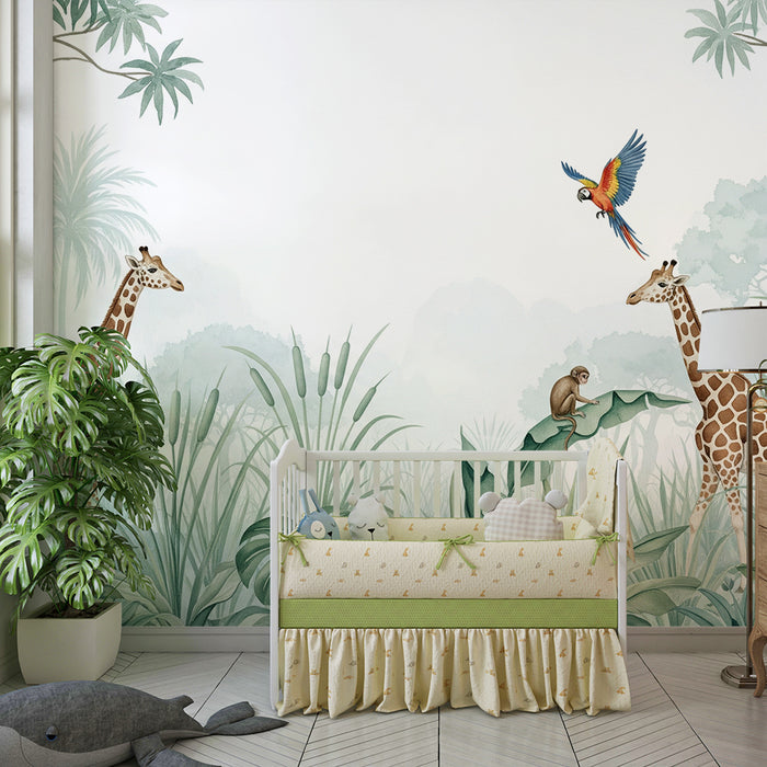 Carta da parati bambini | Giraffe e giungla tropicale con scimmia e pappagallo