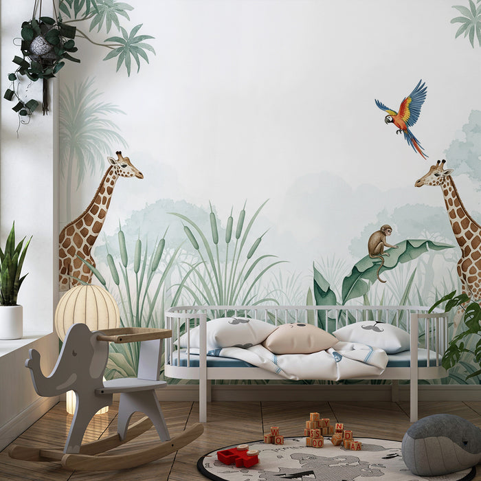 Carta da parati bambini | Giraffe e giungla tropicale con scimmia e pappagallo