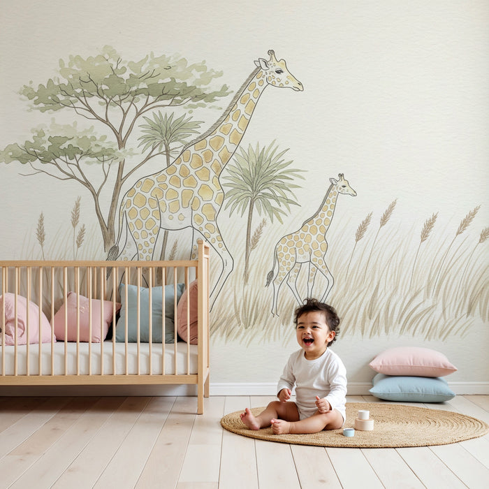 Kids room wallpaper | Giraffes and gentle savanna