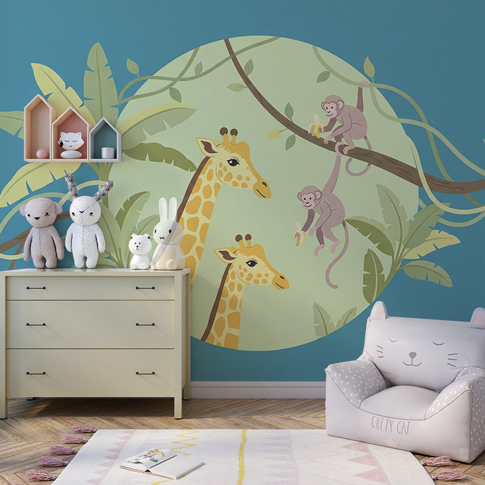 Papel de parede criança | Girafas e macacos numa selva colorida